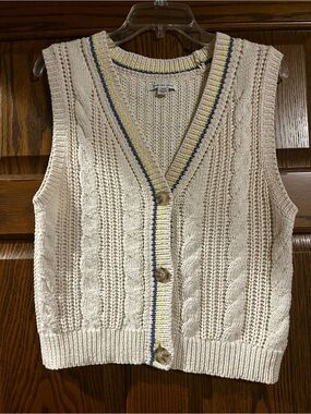 American Eagle Outfitters Cream Cable Knit V-Neck Vest w/Navy and Yellow Trim -S